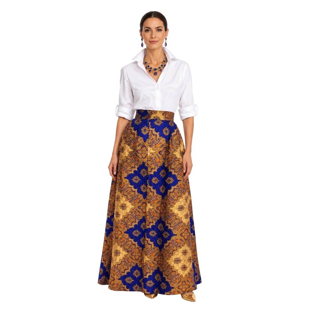 Vintage 60s Quilted Paisley Maxi Skirt-10 Blue Gold Maximalist Mid-Century Mod